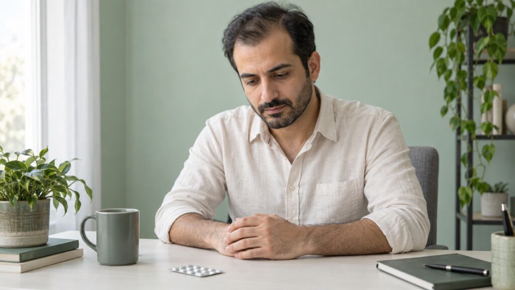 مردی با کم‌پشتی مو در کنار بسته قرص؛ تصویر مفهومی مقاله فیناستراید