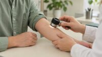 تصویر مفهومی معاینه پوست ساعد با درموسکوپ در محیط درمانی با رنگ سبز ملایم و کرم