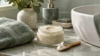 ظرف اسکراب کرمی با ذرات ریز و کاردک روی میز کنار روشویی و حوله سبز ملایم؛ تصویر مفهومی