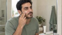 مردی با ته‌ریش کوتاه در حال استفاده ملایم از کرم روی گونه در محیطی با رنگ سبز ملایم و کرم؛ تصویر مفهومی