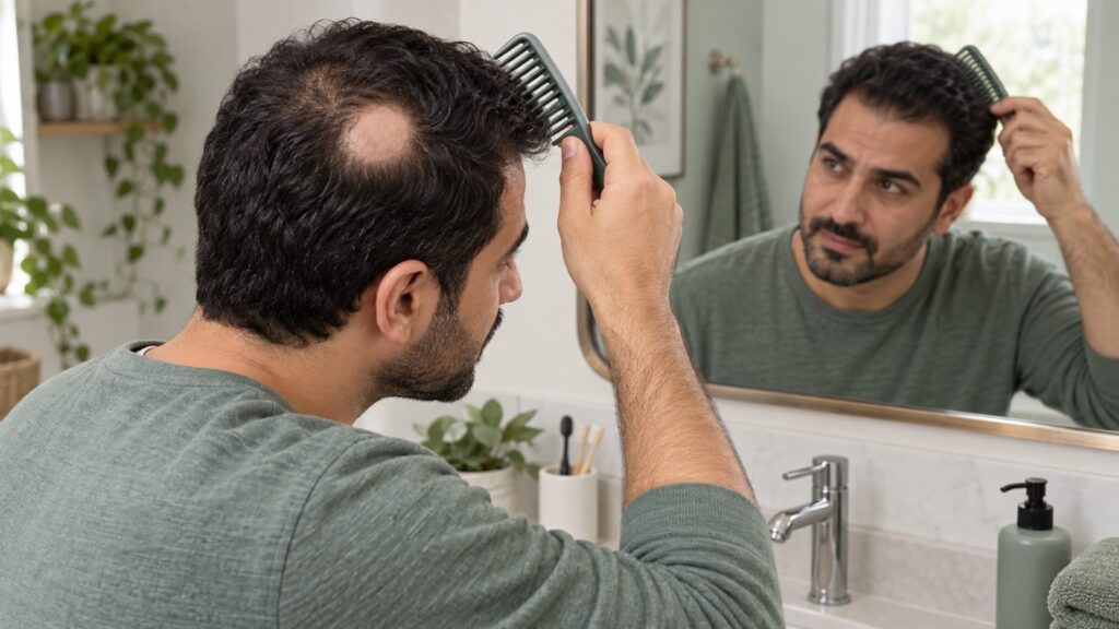 مردی با ناحیه کم‌موی سکه‌ای روی سر هنگام مراقبت ملایم از مو مقابل آینه؛ تصویر مفهومی