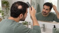 مردی با ناحیه کم‌موی سکه‌ای روی سر هنگام مراقبت ملایم از مو مقابل آینه؛ تصویر مفهومی