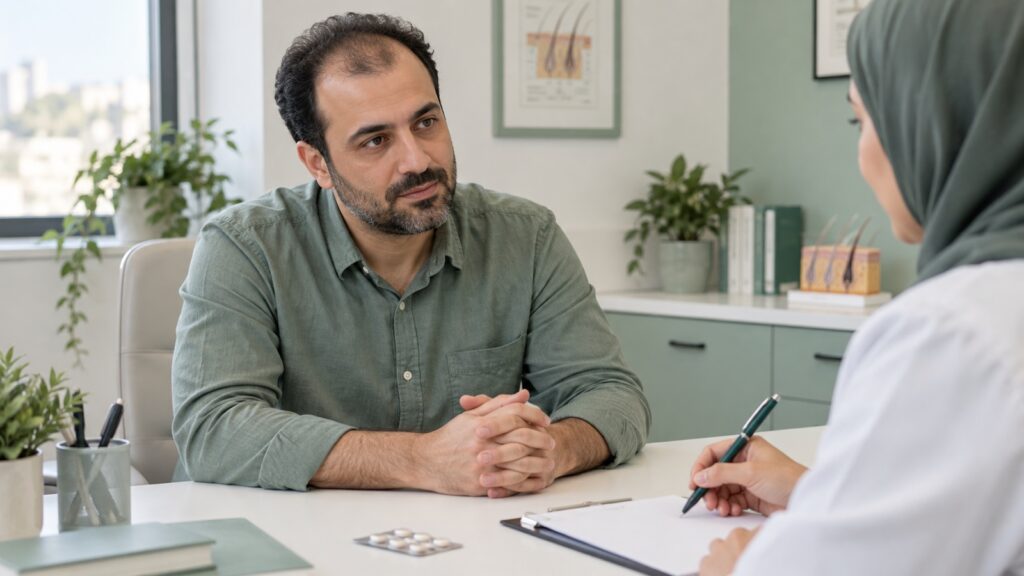 مردی در جلسه مشاوره درباره وضعیت مو در محیط درمانی؛ تصویر مفهومی فیناستراید و کاشت مو