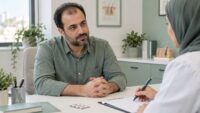 مردی در جلسه مشاوره درباره وضعیت مو در محیط درمانی؛ تصویر مفهومی فیناستراید و کاشت مو