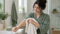 تصویر مفهومی خشک کردن ملایم ساعد با حوله در فضای حمام روشن