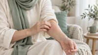 تصویر مفهومی زنی که ناحیه خشک و خارش‌دار ساعد خود را لمس می‌کند