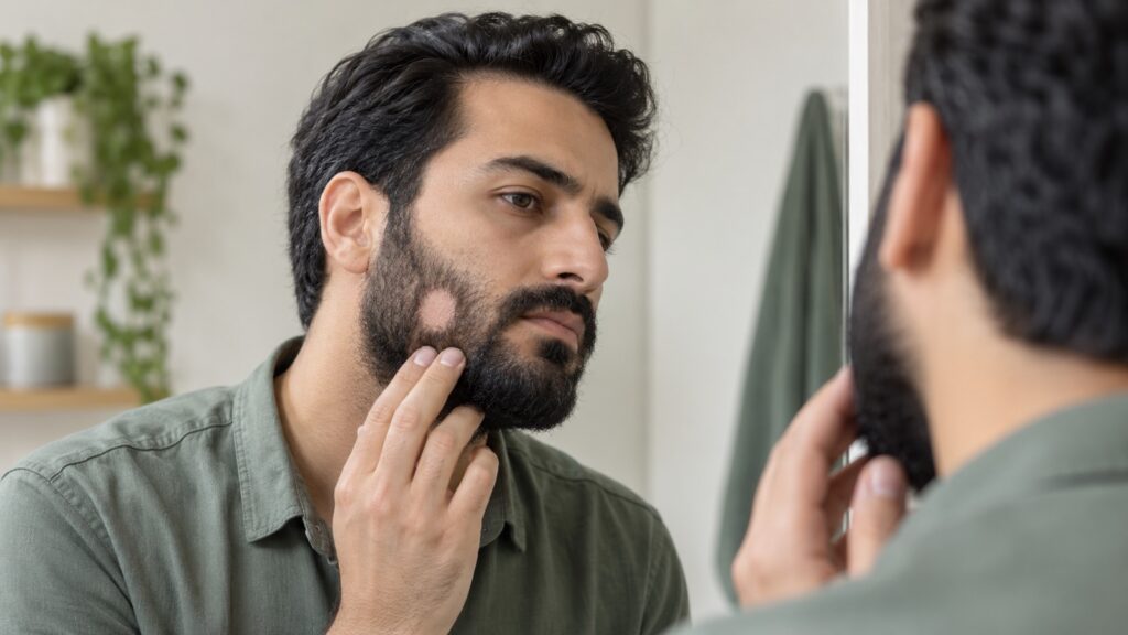 تصویر مفهومی مردی با یک ناحیه گرد کم‌مو در ریش، در مقابل آینه