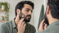 تصویر مفهومی مردی با یک ناحیه گرد کم‌مو در ریش، در مقابل آینه